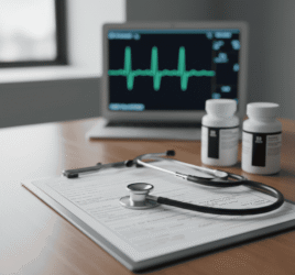 A medical chart, stethoscope, and medication bottles on a desk with a heart rate monitor in the background, representing the medical oversight required to prevent nursing home neglect.