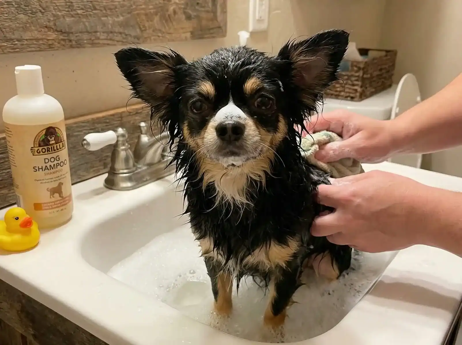 Chihuahua getting sink bath