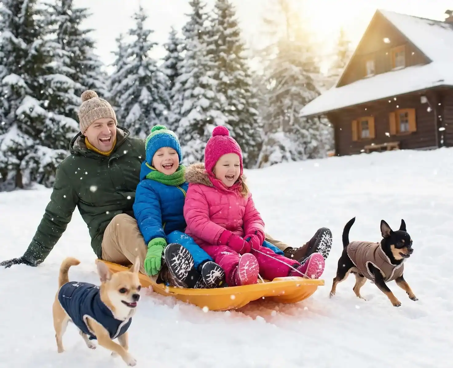 2 Chihuahuas playing with sledding family of 3