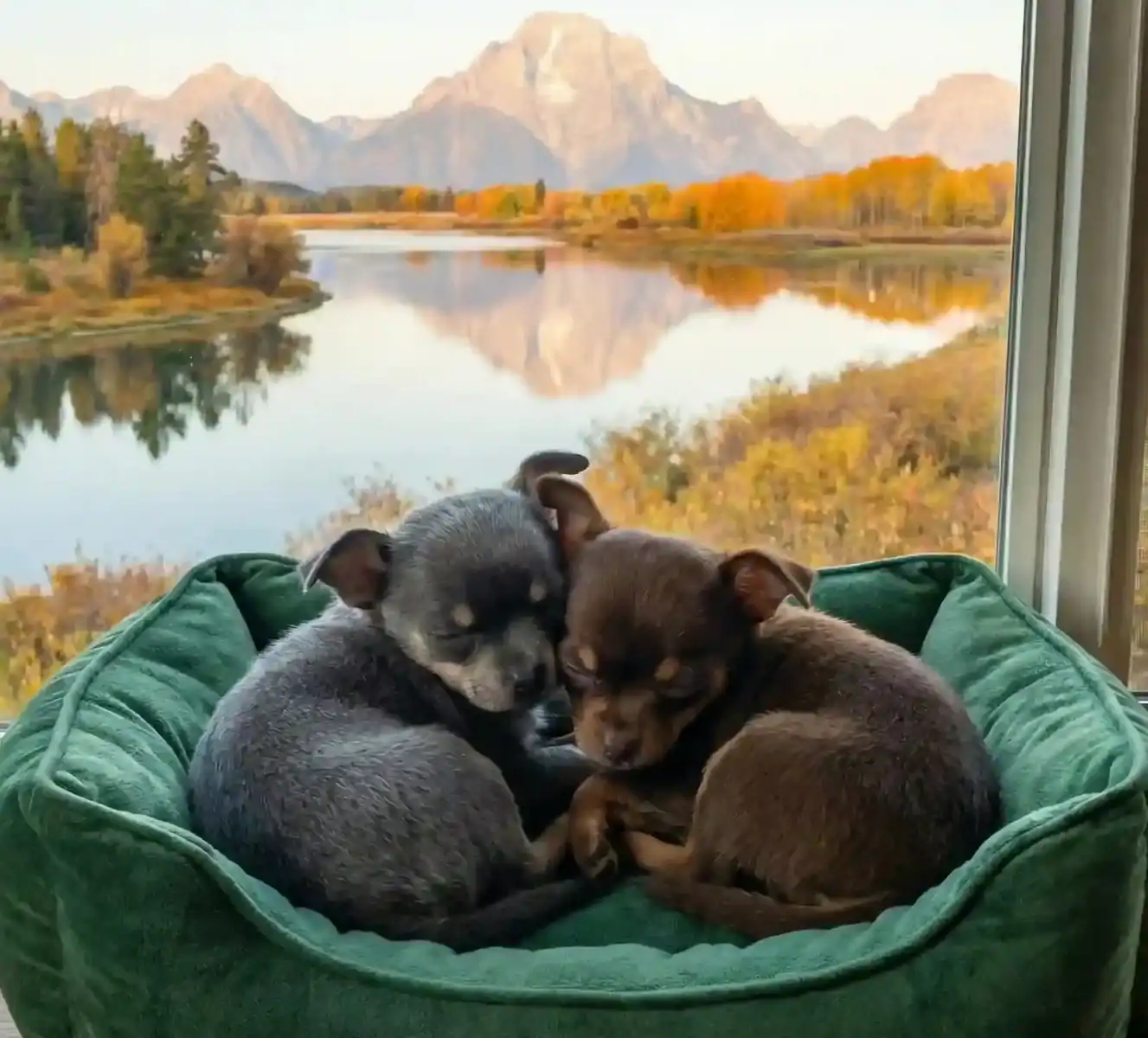 Two Chihuahua pups snuggling