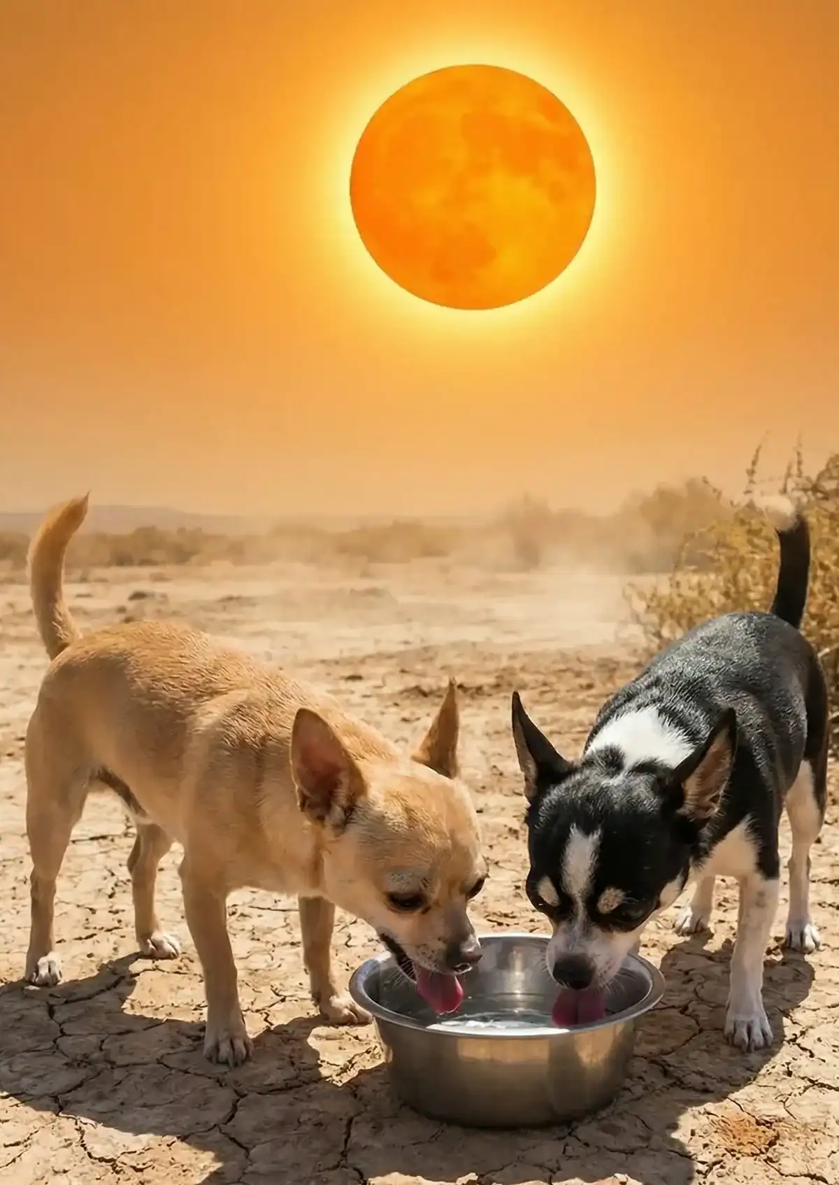 2 Chihuahuas drinking under hot sun