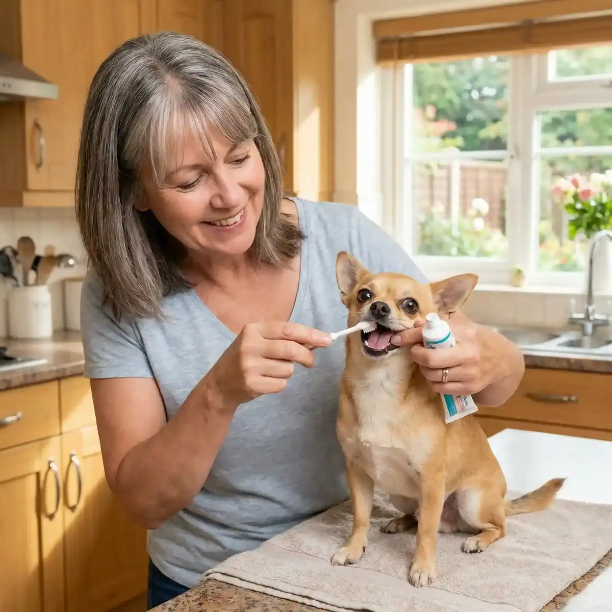 Brushing tan Chi teeth