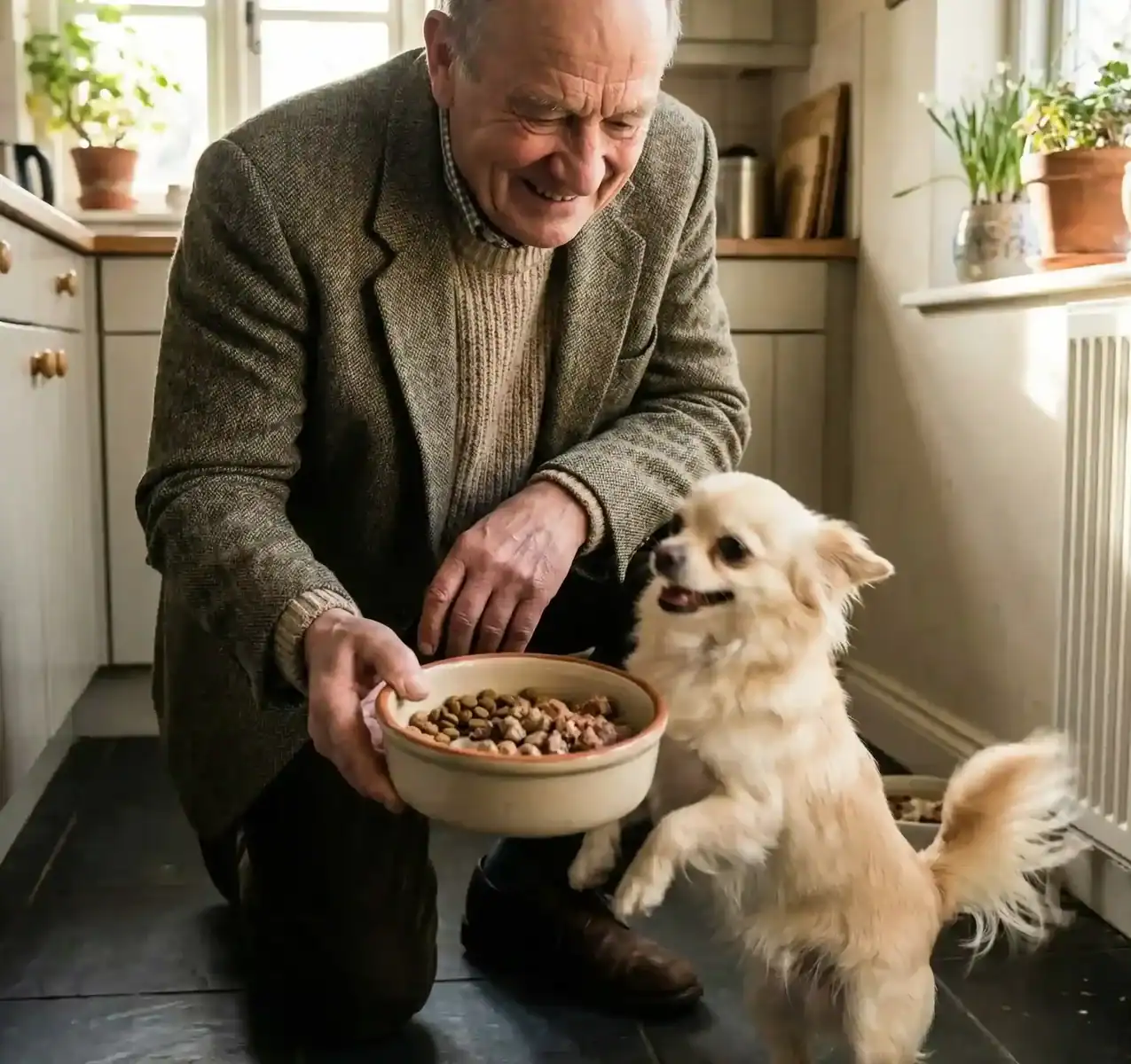 man feeding his Chihuahua