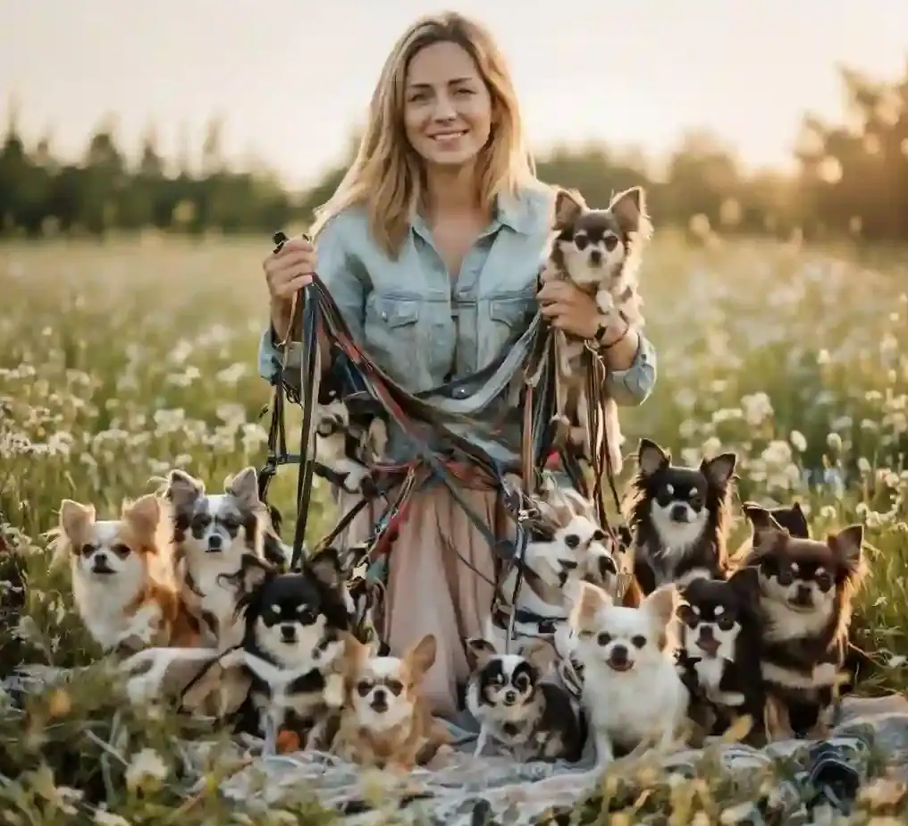 One woman with many Chihuahuas