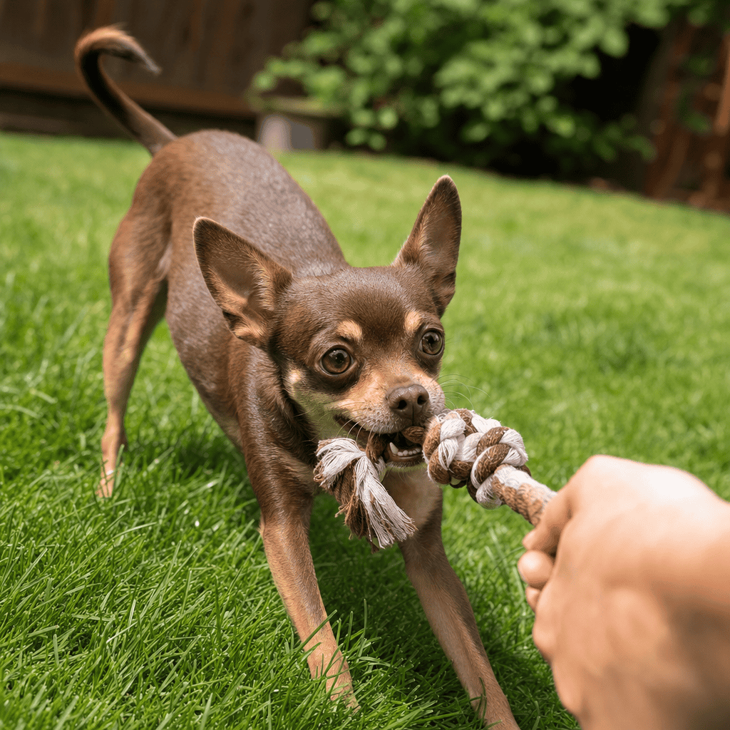 Brown Chihuahua Playing Tug Of War