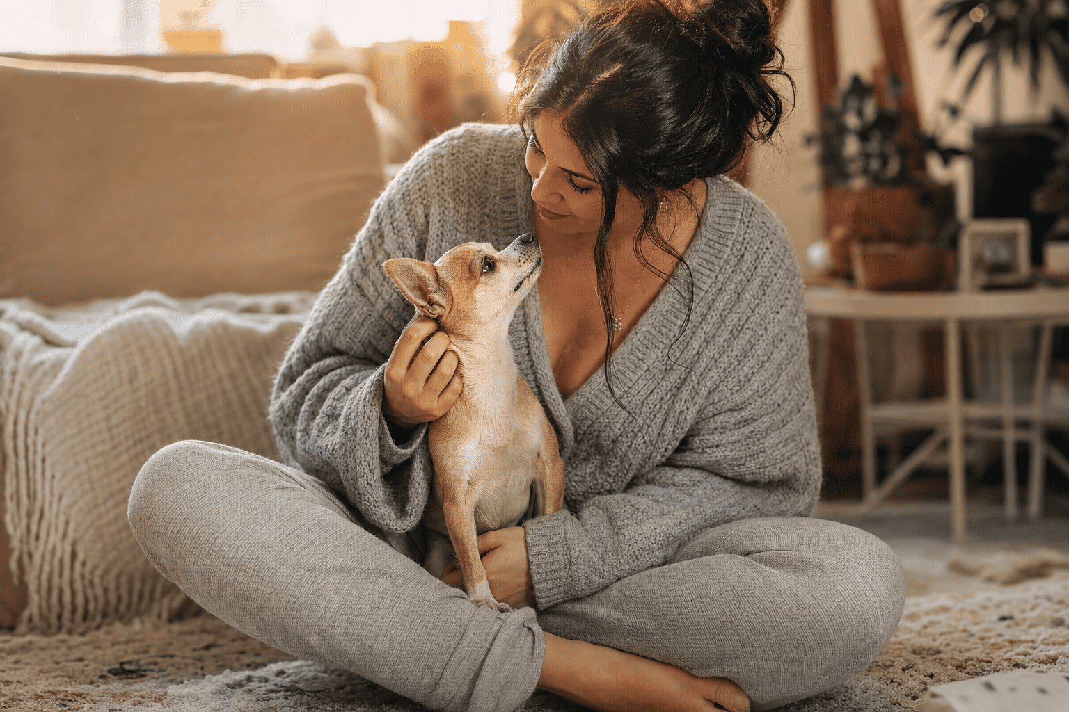 Woman Bonding With Tan and White Chihuahua