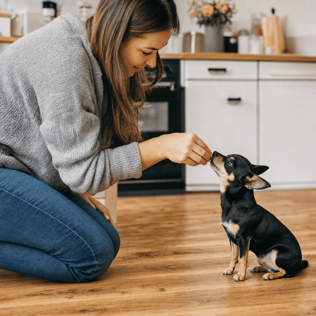 Young woman bonding with Chihuahua using a treat