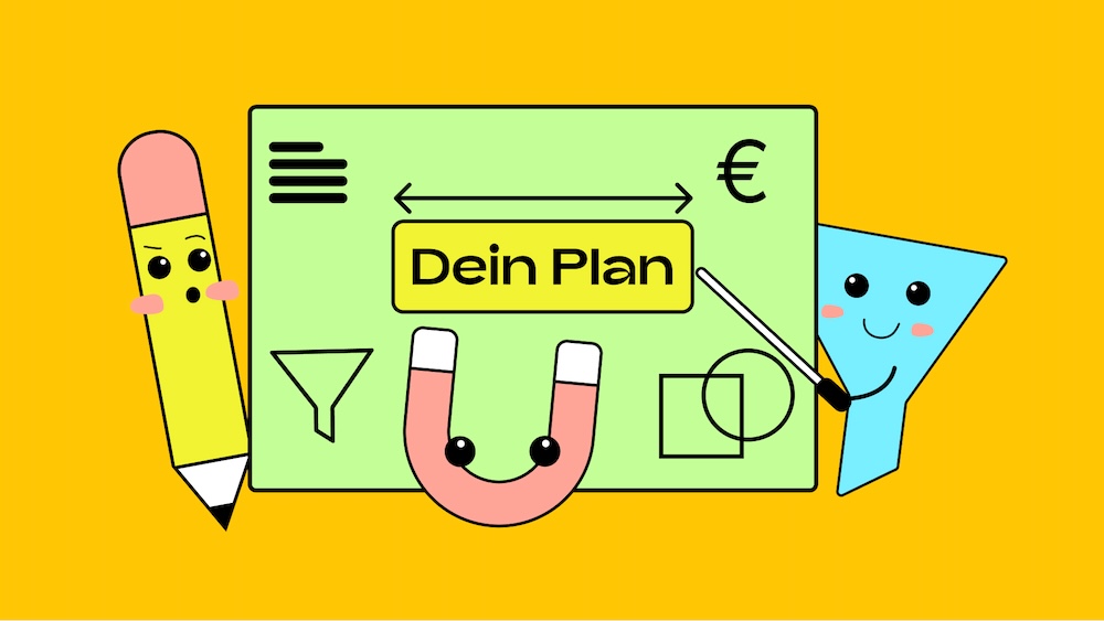 Unsere Maskottchen stehen um eine Skizze eines Plans und staunen.