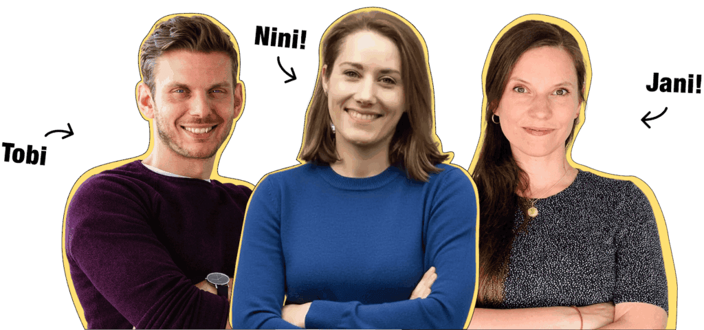 Das Team der Inbound-Bande: Tobias, Nina und Jane. Sie stehen alle nebeneinander, haben die Arme verschränkt und lachen in die Kamera. Es ist eine Collage. Die Bilder sind ausgeschnitten und im Comic-Stil orange umrandet