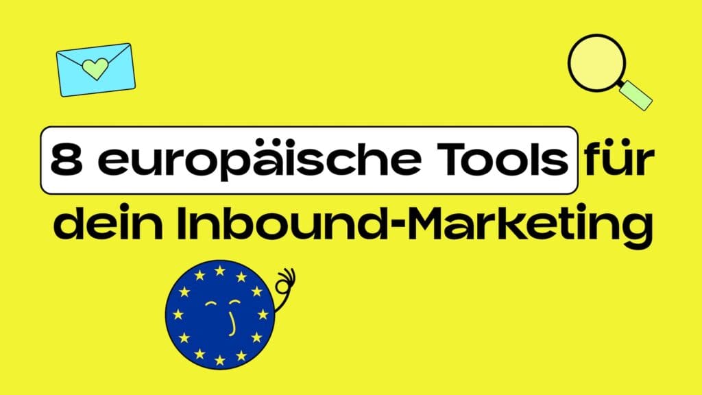 Illustration einer Kugel mit dem Motiv der Europa-Flagge. Sie zeigt ein Ok. Dazu eine Illustration eines Briefs und einer Lupe als Darstellung für Tools.