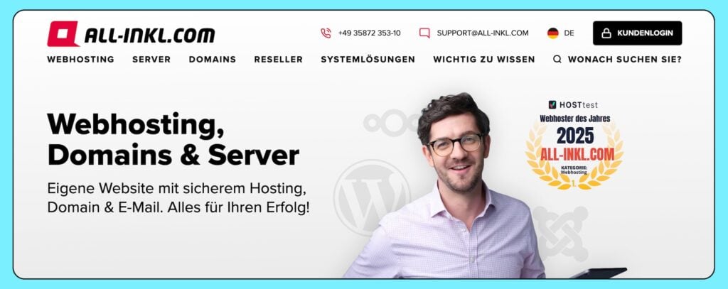 Screenshot der Hero-Section des europäischen Server-Anbieter All-Inkl