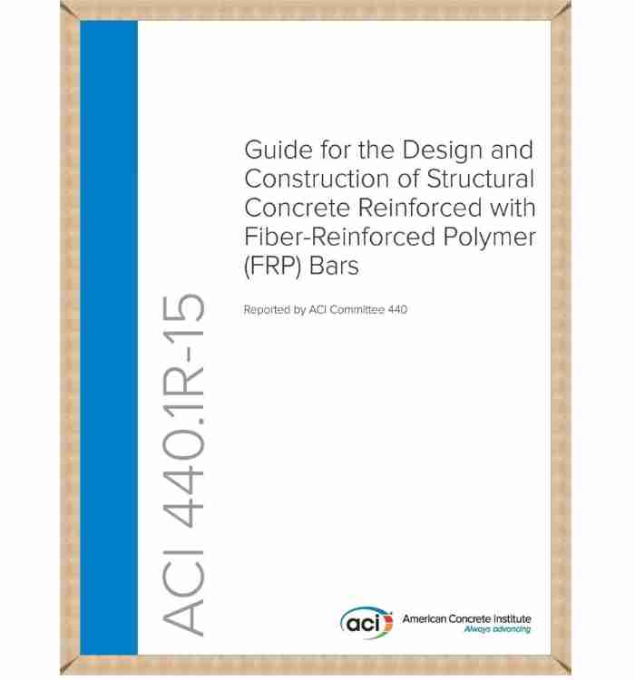 Обложка свода строительных норм ACI 440.11, опубликованного Американским институтом бетона, с указанием требований строительных норм к железобетонным конструкциям, армированным стержнями из стекловолокна.