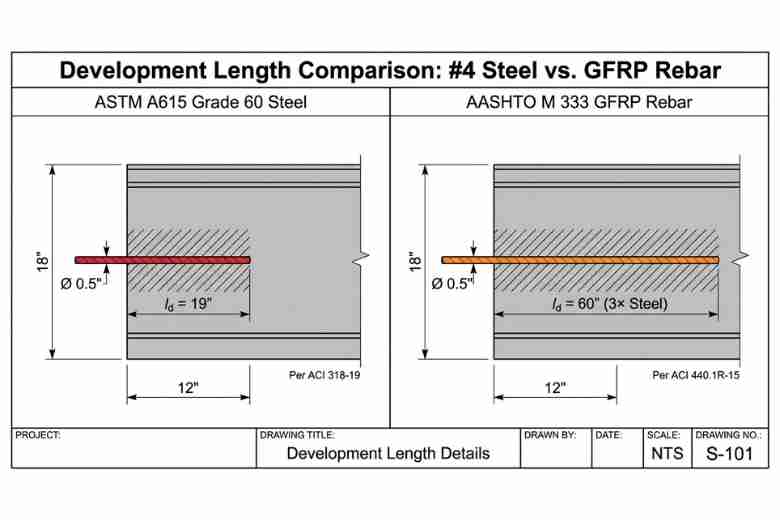 Технические характеристики конструкции, показывающие, что для арматуры из стали №4 требуется длина анкеровки 19 дюймов, в то время как для арматуры из стекловолокна №4 требуется 60 дюймов при одинаковой прочности бетона FC 4000 psi согласно ACI 318 и ACI 440.