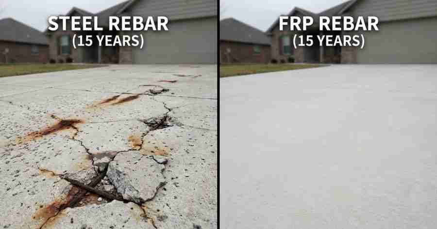 На сравнительном фото показана потрескавшаяся бетонная подъездная дорожка с пятнами ржавчины от коррозии стальной арматуры и неповрежденная подъездная дорожка, армированная стекловолокном.