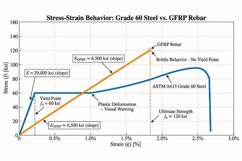 Инженерная диаграмма напряжение-деформация, сравнивающая арматуру из стали марки 60 с пределом текучести 60 ksi и арматуру из стекловолокнистого полимера (GFRP) с линейно-упругим поведением до хрупкого разрушения при 120 ksi, показывающая разницу модулей упругости 29000 ksi против 6500 ksi.