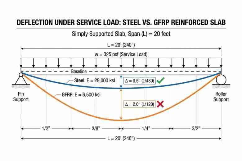 Инженерная диаграмма напряжение-деформация, сравнивающая арматуру из стали марки 60 с пределом текучести 60 ksi и арматуру из стекловолокнистого полимера (GFRP) с линейно-упругим поведением до хрупкого разрушения при 120 ksi, показывающая разницу модулей упругости 29000 ksi против 6500 ksi.