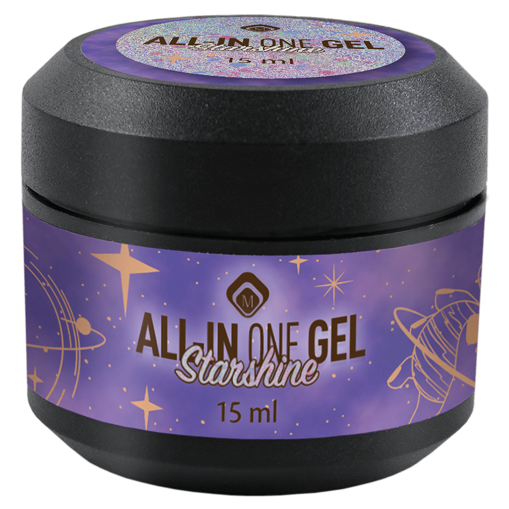 All-in-One Gel Starshine, 15 ml, met een space-achtige ontwerp en glitters.