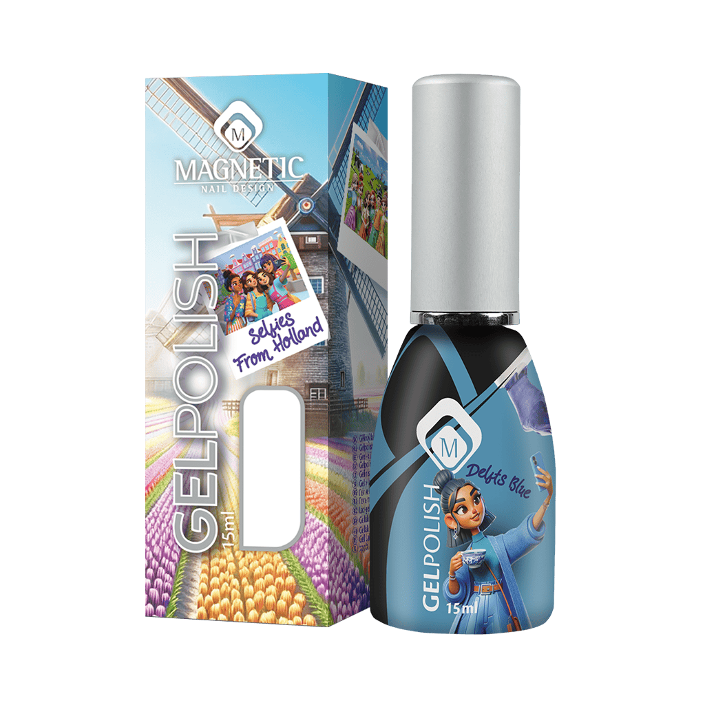 Magnetische nagellak, 15ml, met kleurrijk ontwerp en cartoon-illustratie op de fles.