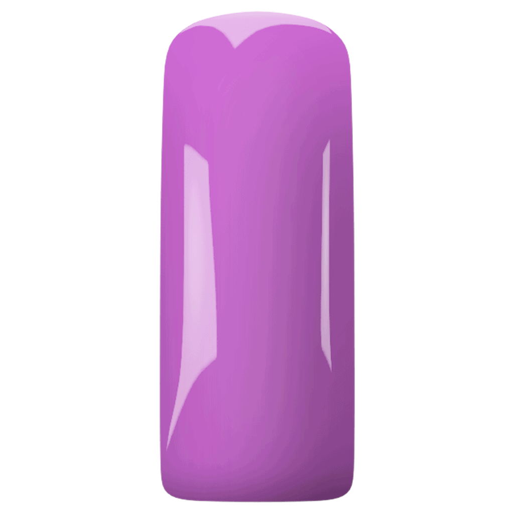 Gele nagel met glanzende, pastel paarse nagellak, perfect voor manicure en nagelkunst.