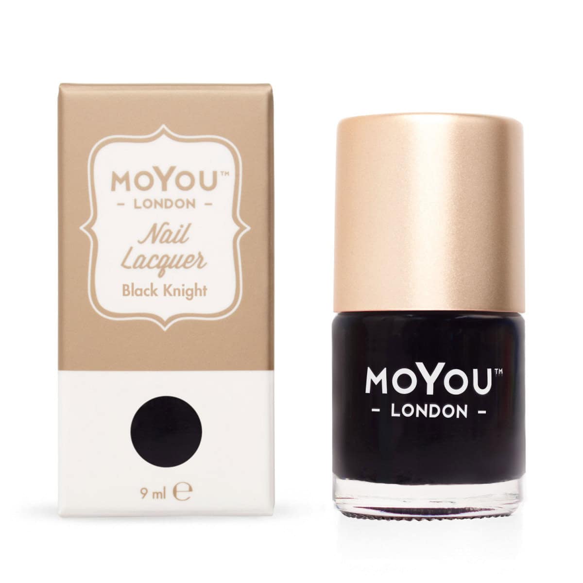 Zwarte nagellak van MOYOU London met goudkleurige dop, geschikt voor professionele nagelkunst.