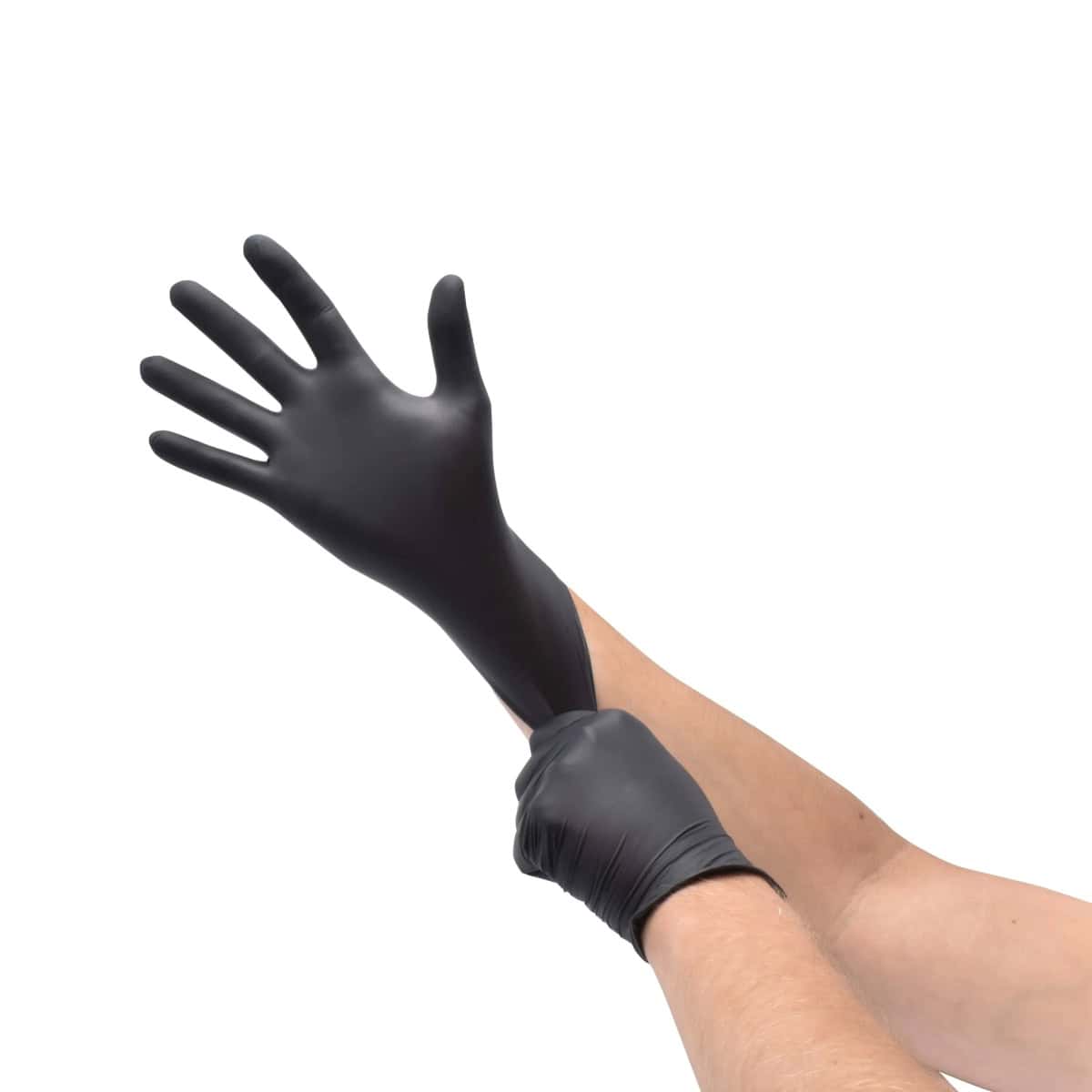 Zwarte handschoen wordt aangetrokken door een persoon met een onzichtbare achtergrond. Perfect voor.