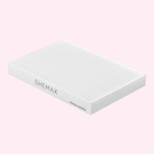 Schuurspons voor nagelverzorging en manicure, wit met "SHEMAX" branding op roze achtergrond.