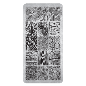 Bladpatroon stempel voor nagelkunst, zwart-wit ontwerp met diverse natuurlijke texturen en lijnen.