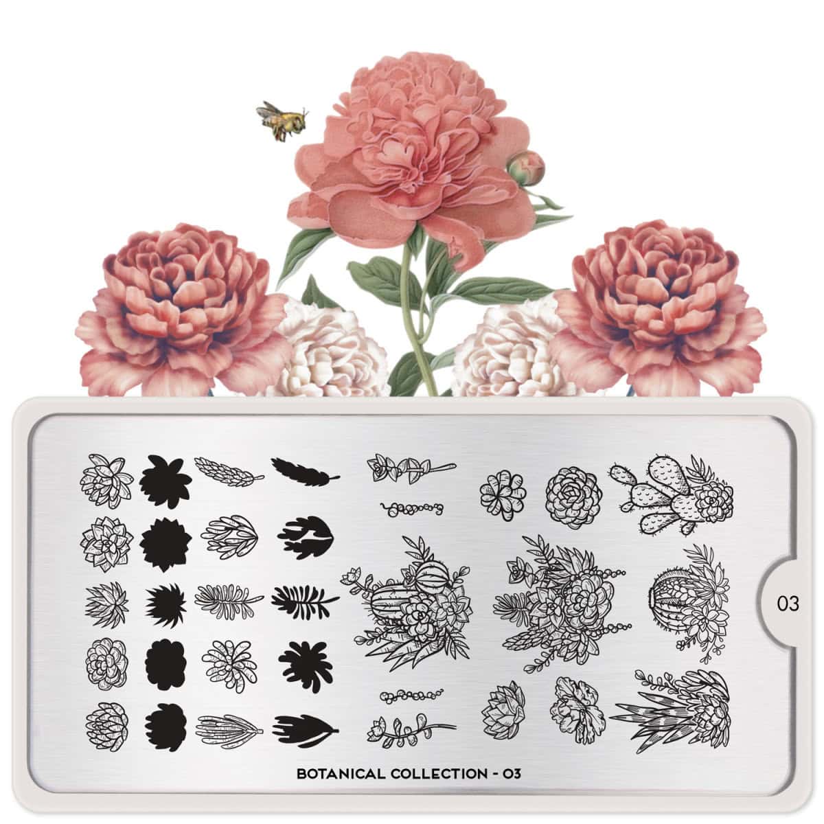 Zwarte botanische nagelstempelplaat met bloemen en bladeren voor creatieve nagelkunst.