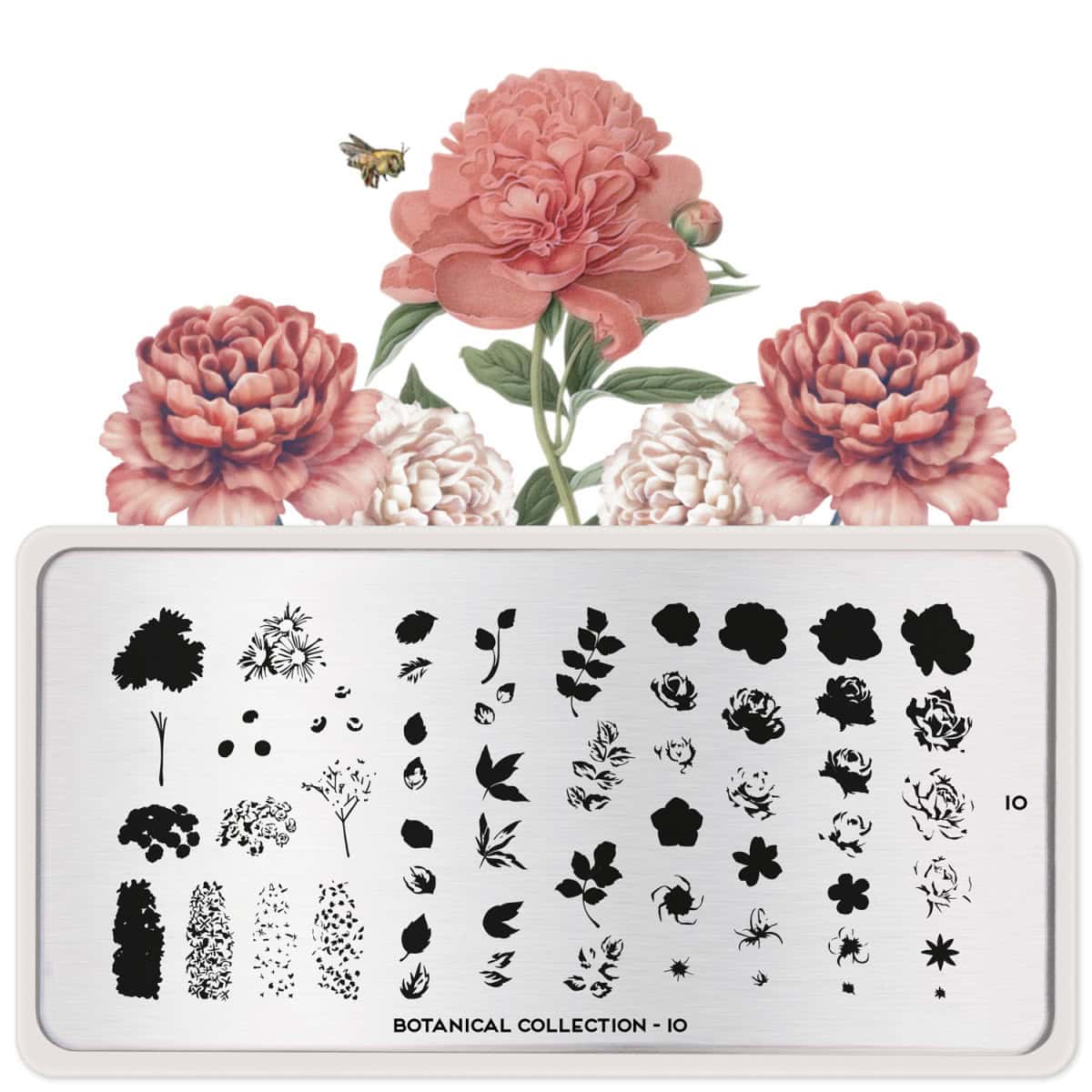 Zwarte en witte botanische nagelstempel collectie op een witte achtergrond met bloemen en bijen.