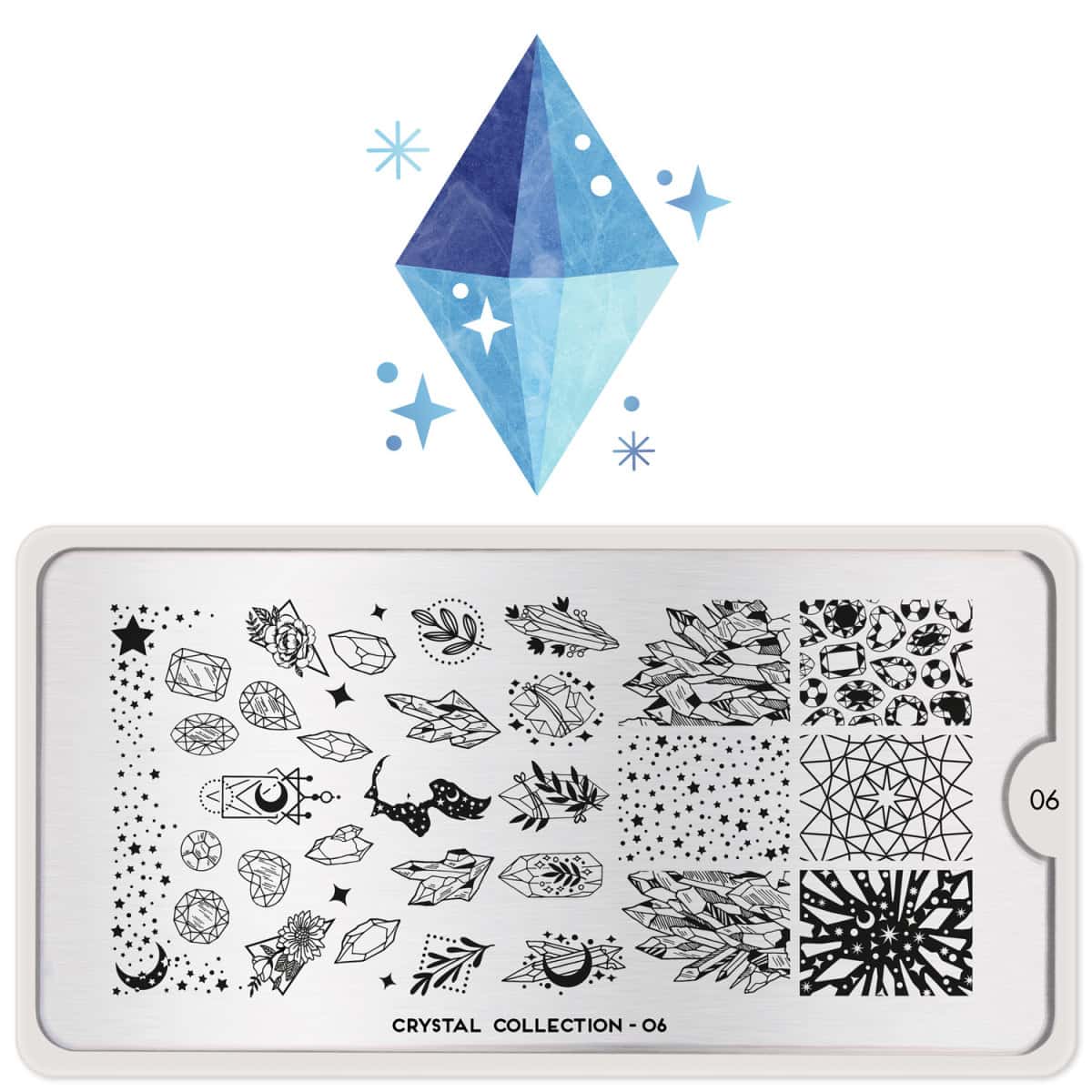 Glittering crystal nail art stamping plate with geometric and floral designs voor perfecte nagelvers.