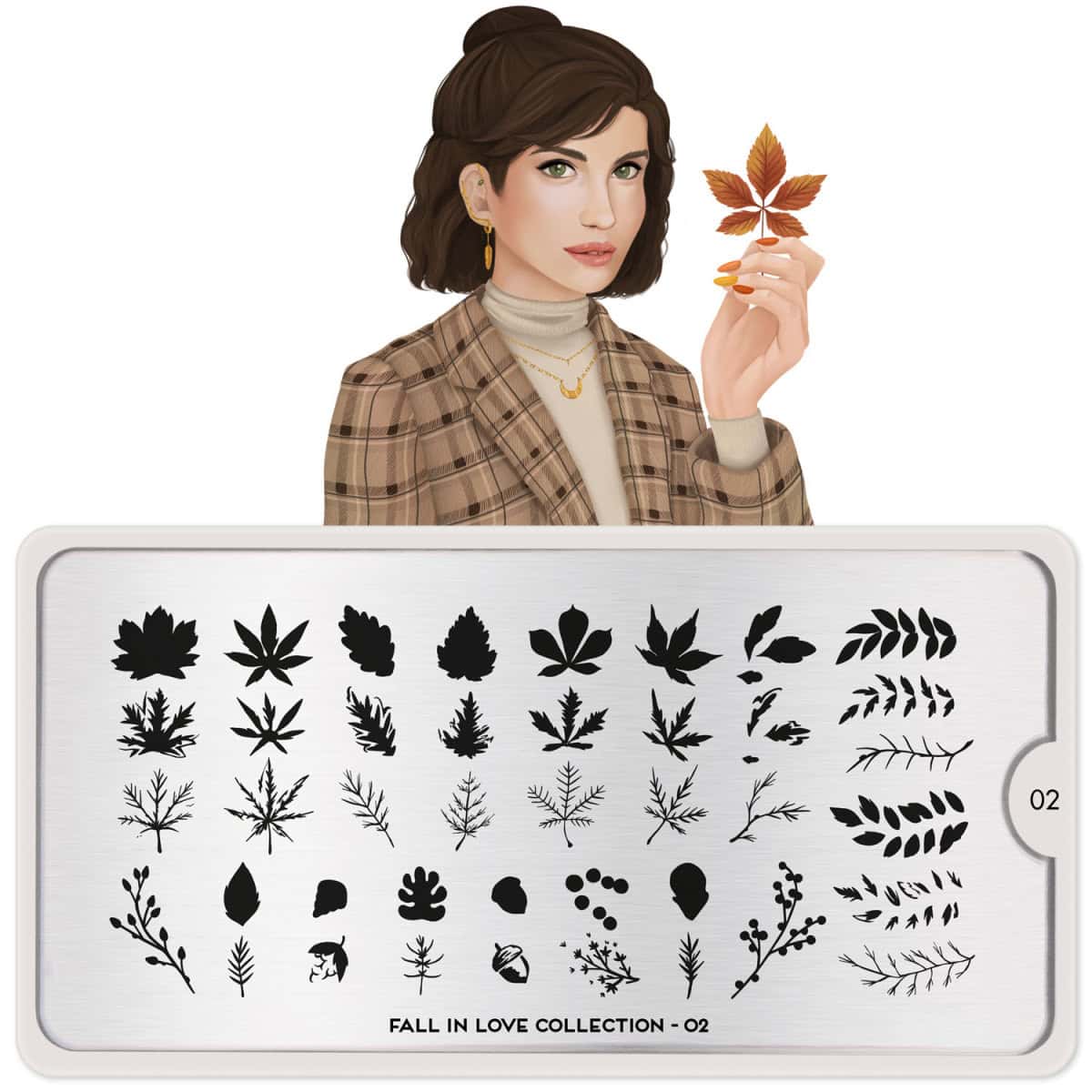Elegante vrouw met herfstblad en modieuze outfit, promotie van herfstige nagelkunst en nail art ontw.