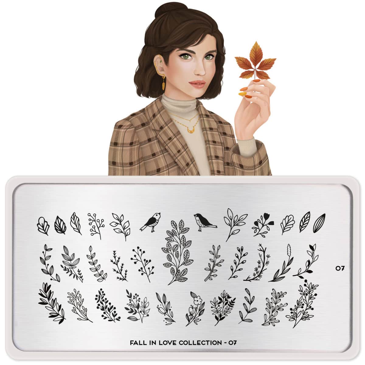 Blad met herfstkleuren en een vrouw met nagelkunst, herfstmode en natuurlijke uitstraling.