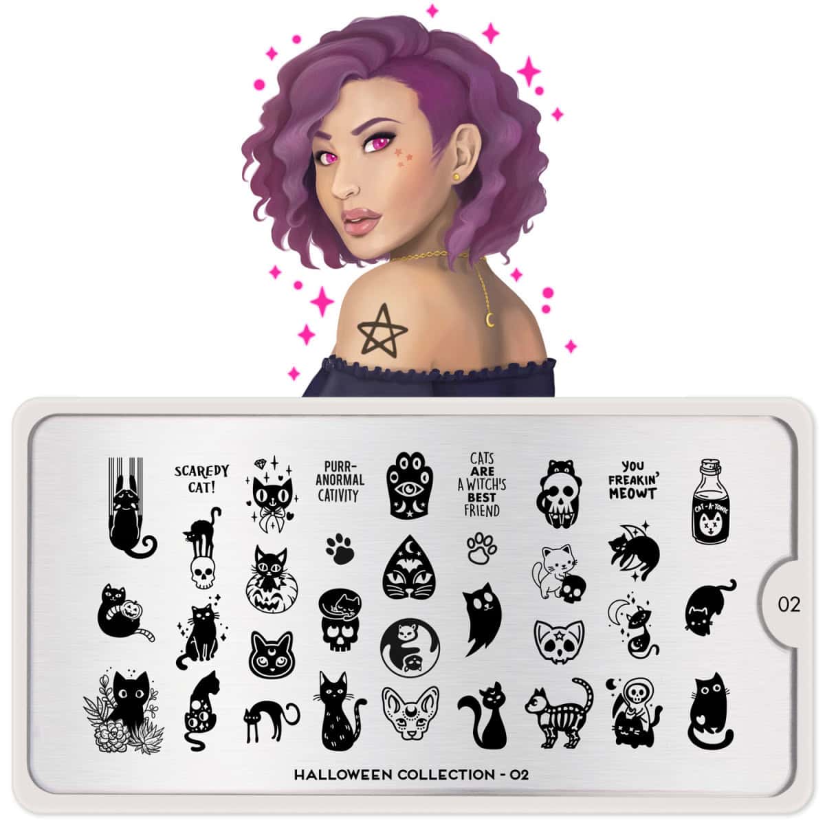 Sierlijke vrouw met paarse krullende haar en tatoeage, Halloween nail art ontwerpen op een display.