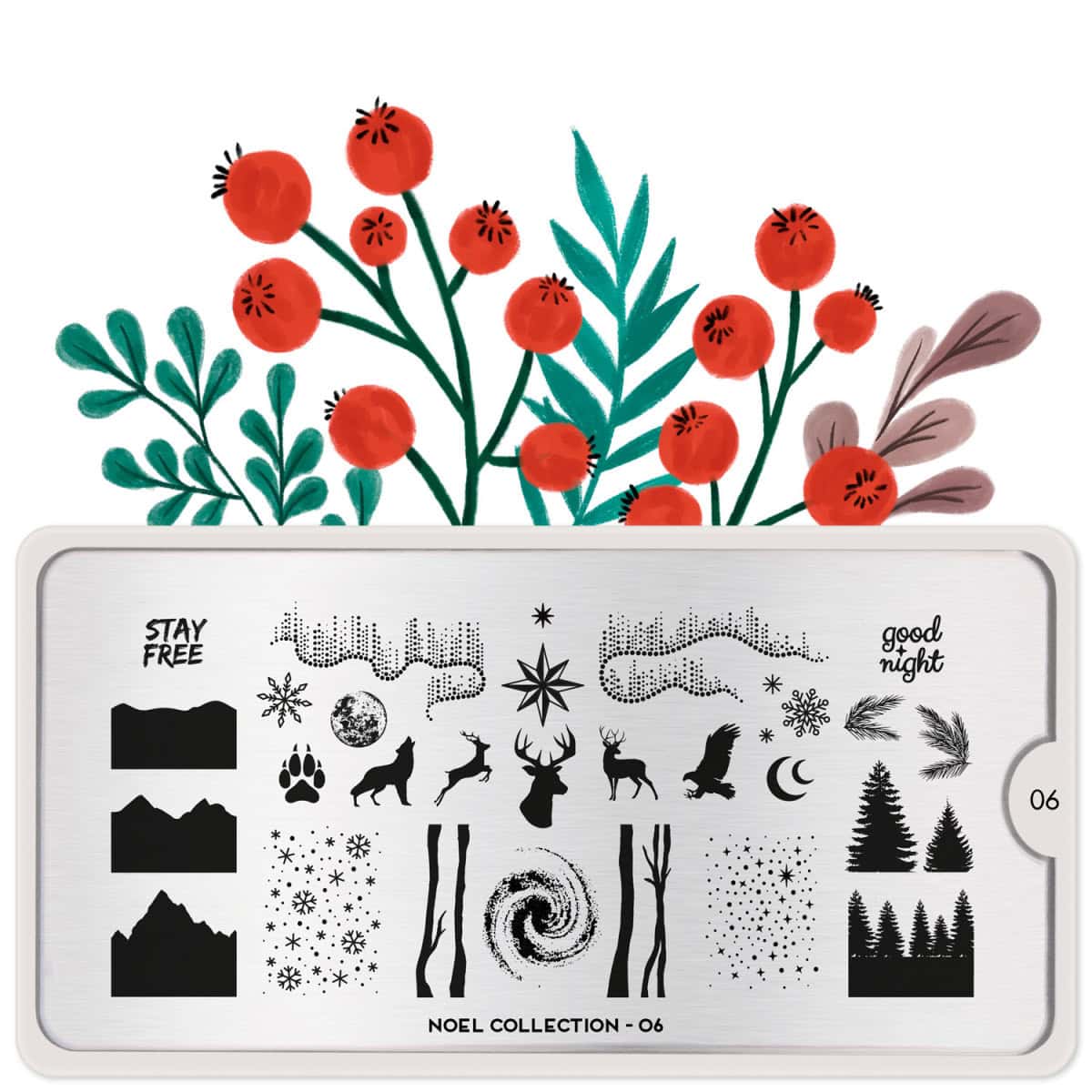 Rustige kerstthema stempelset met winterse symbolen en natuurlijke elementen voor creatieve kerstkaa.