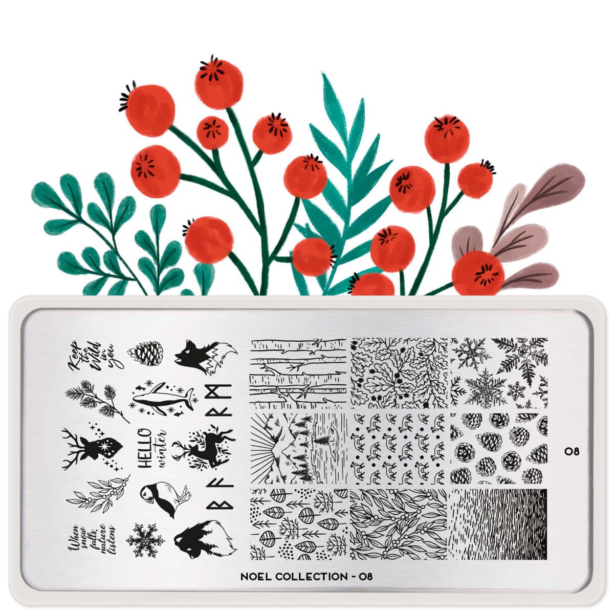 Stempelset met winterse en feestelijke ontwerpen voor nagelkunst, Noel Collection 08.