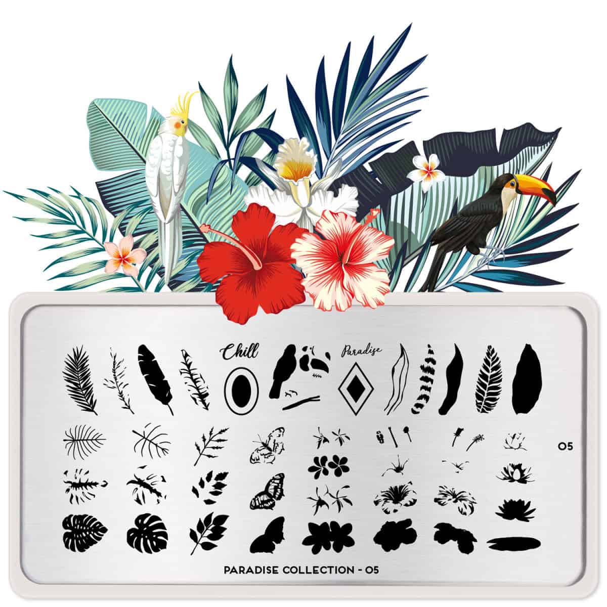 Zwarte en witte nagelstempelplaat met bloemen en bladeren voor creatieve nagelkunst.