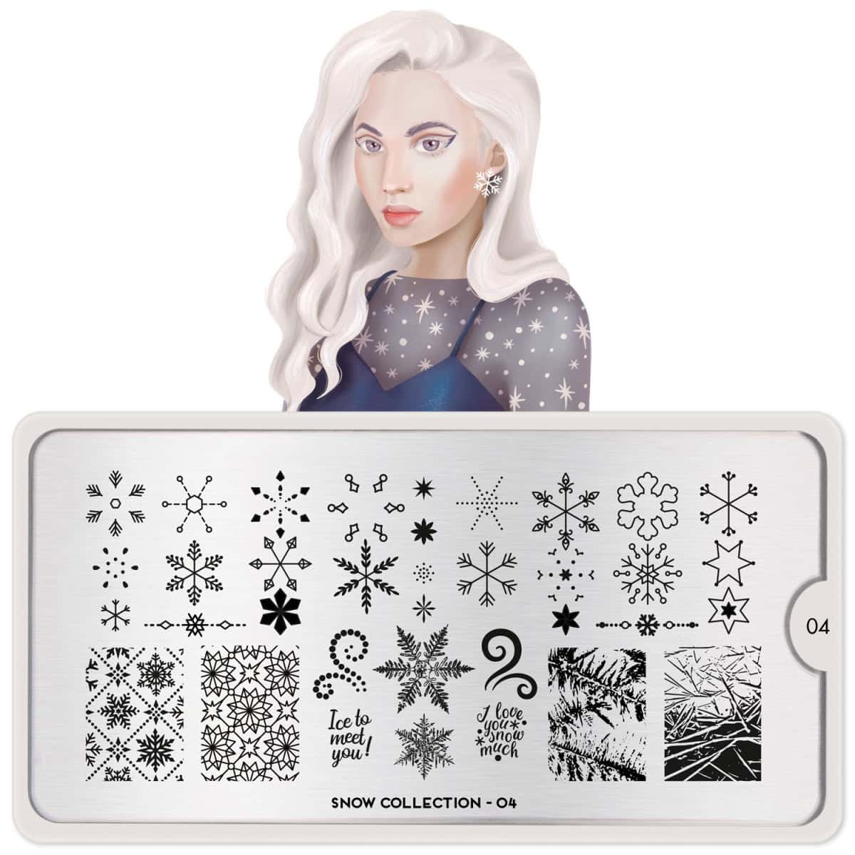 Kunstmatige nagelstempelplaat met sneeuwvlokken en winterthema voor nagelkunst.