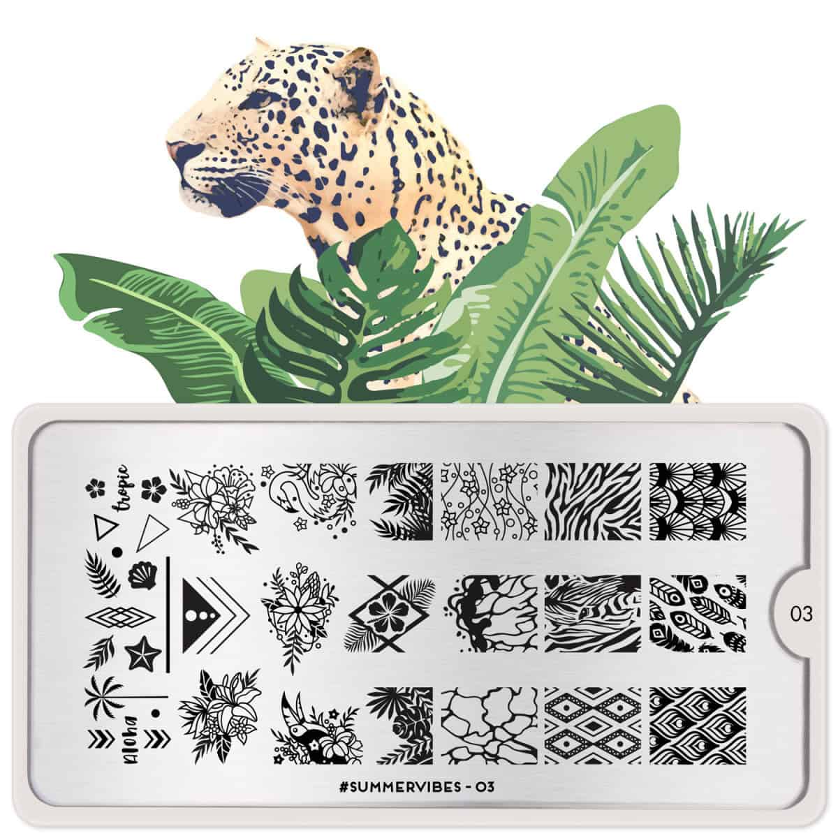 Elegante dierenprint stempelplaat voor nagelkunst met luipaard en jungle motieven.
