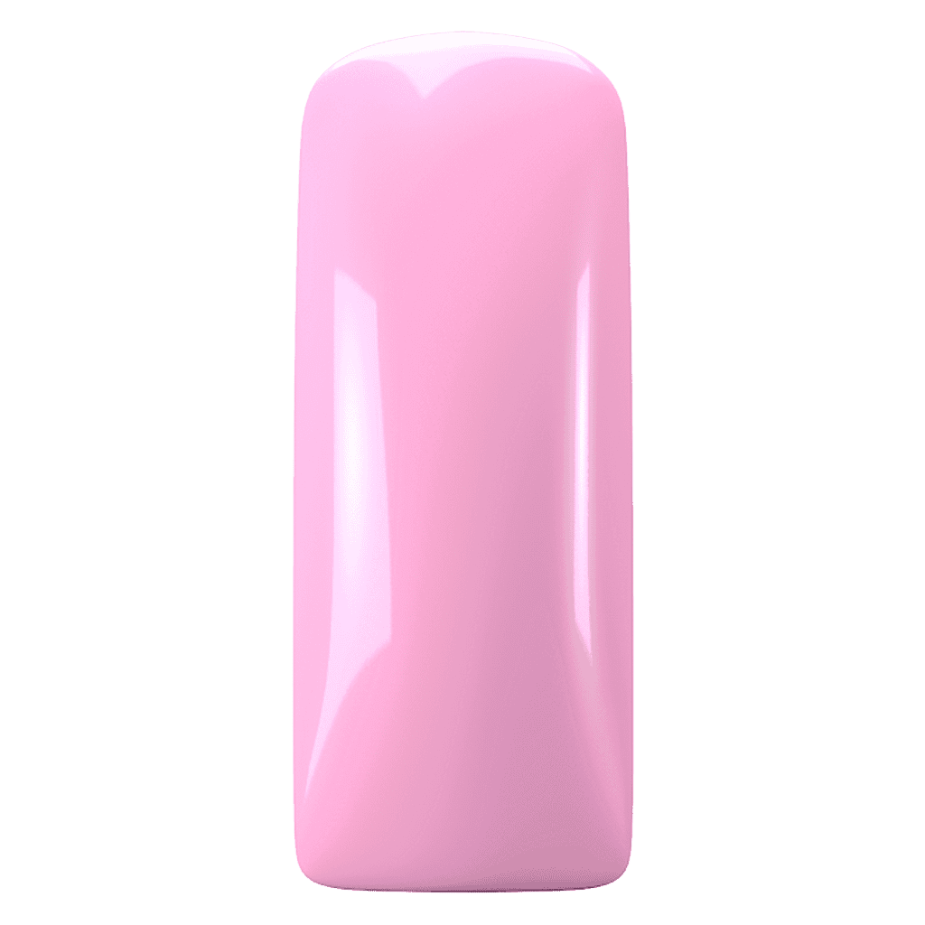 Zwevende nagelverlenging met glanzende roze gelnagel.