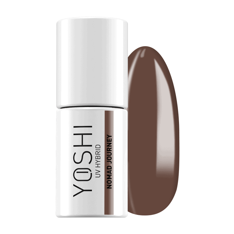 YOSH UV Hybrid nagellak fles en swatch met bruin kleur.