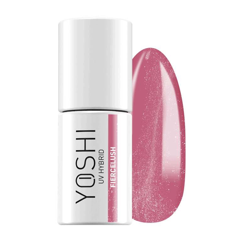 Yoshi UV Hybrid gel nagellak fles met roze glitter, perfect voor manicure en nagelkunst.