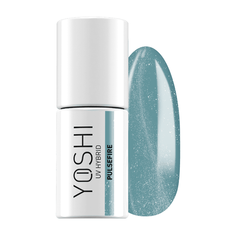 Yoshi UV Hybrid gel nagellak met glanzende, turquoise afwerking voor professionele nagelkunst.
