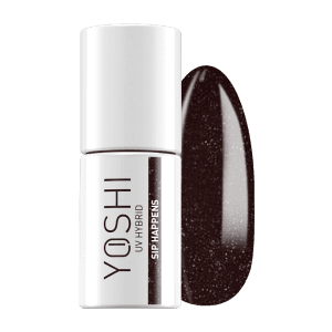 Yoshi UV Hybrid nagellak fles en swatch van de kleur op een witte achtergrond.