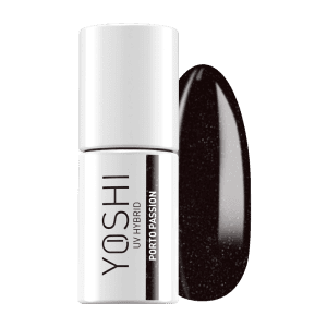 Yoshi UV Hybrid nagellak fles en swatch met zwarte glans.