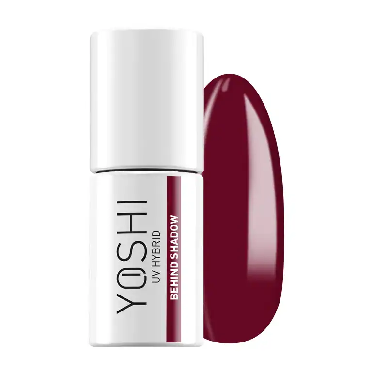 Yoshi UV Hybrid nagellak in Behind Shadow, diepe bordeaux kleur voor elegante nagels.