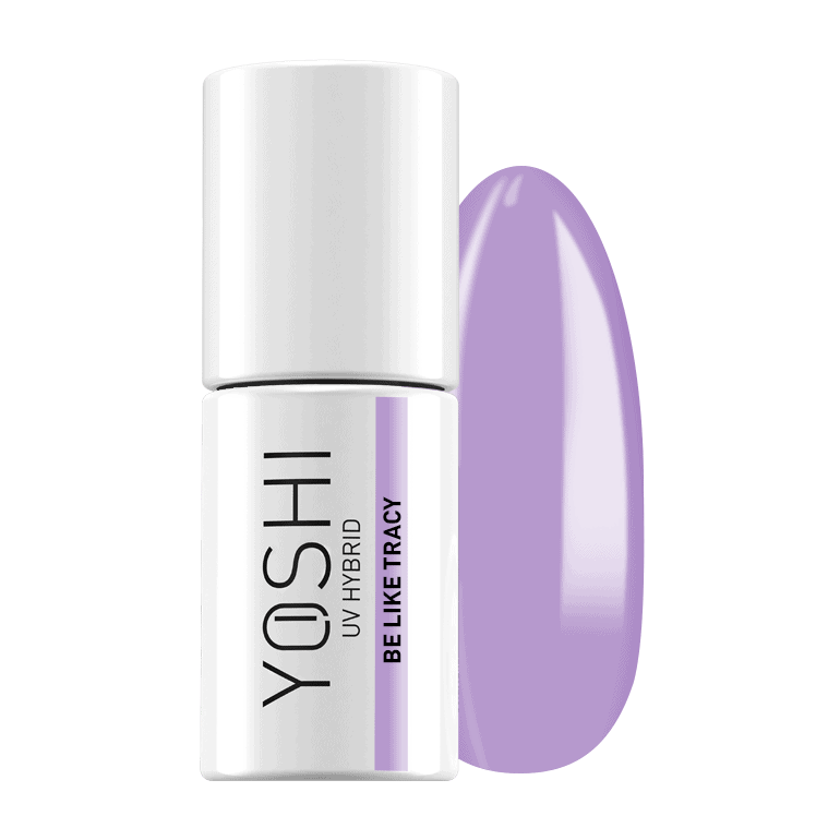 YOSHI UV Hybrid gel nagellak in lilakleurige tube en swatch.
