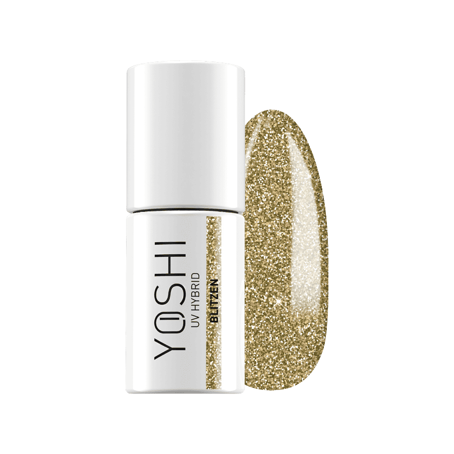 Yoshi UV Hybrid nagellak in goud glitter, perfect voor een glanzende en duurzame manicure. Ideaal vo.