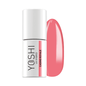 Yoshi UV Hybrid nagellak met roze kleur en witte fles, geschikt voor professionele nagelverzorging.