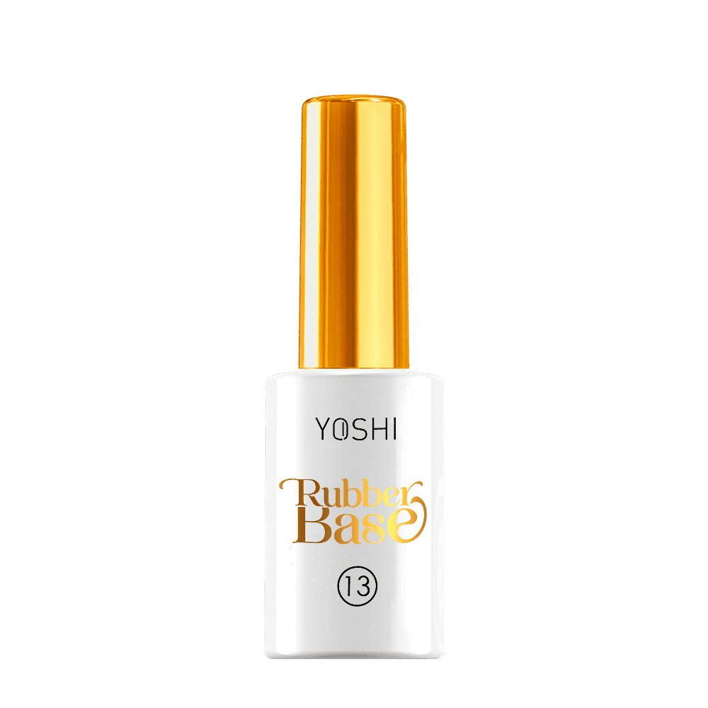 Yoshi Rubber Base nagellak in witte fles met gouden dop, geschikt voor gelnagels.