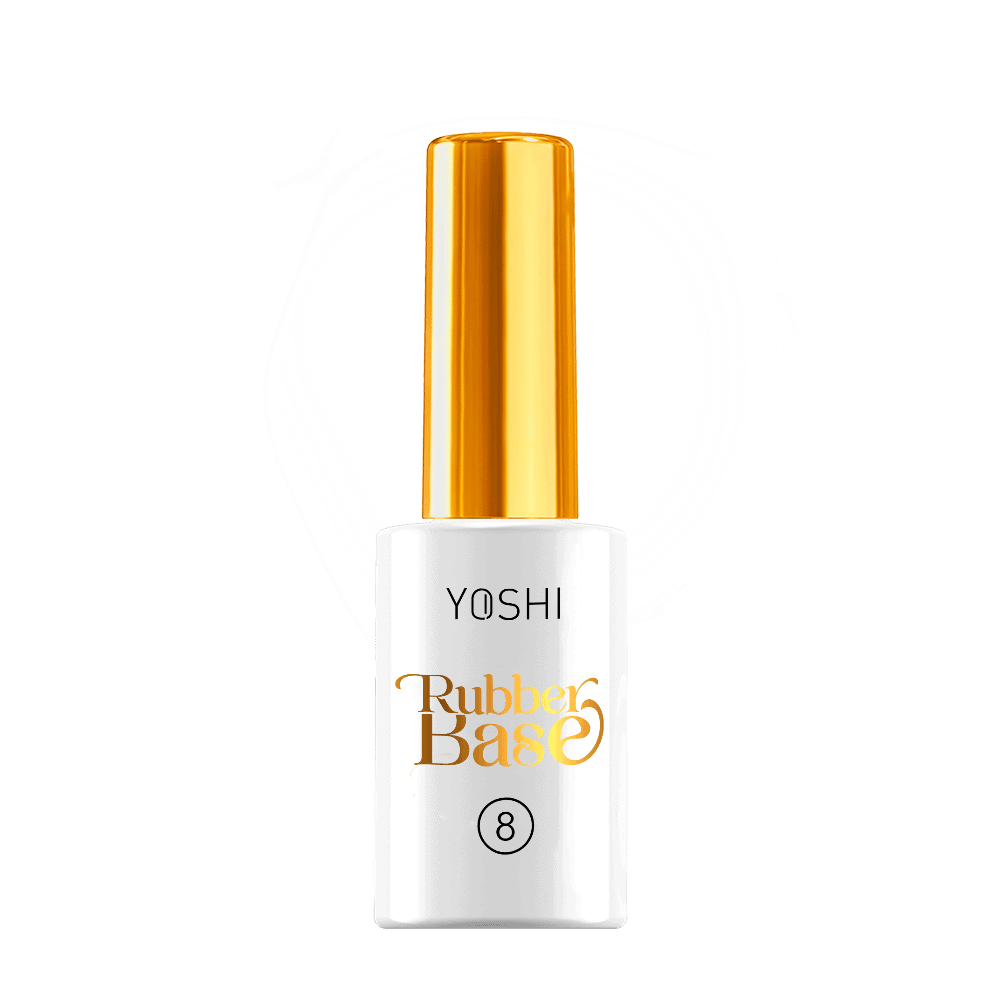 Yoshi Rubber Base nagellak in witte fles met gouden dop, geschikt voor gelnagels.